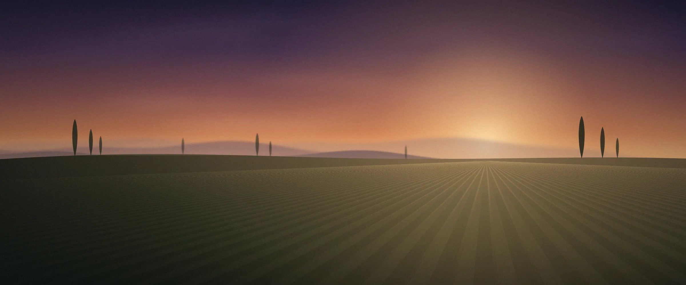 Vineyard rows on rolling hills at golden hour, with cypress trees on the ridge