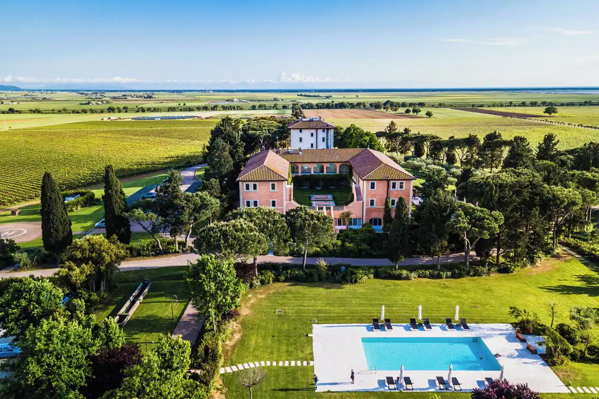 Aerial view of L Andana and its grounds in the Tuscan Maremma