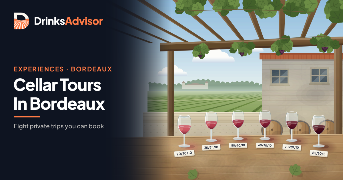 Illustrated blending table under a winery pergola in Bordeaux: six glasses showing different Cabernet Sauvignon, Merlot and Cabernet Franc proportions