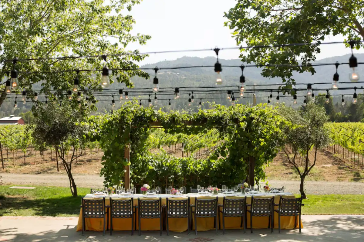Long table set under a vine-covered arbor beside the vineyard at Harvest Inn in St. Helena