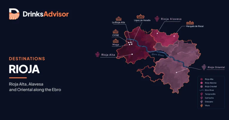 Illustrated map for Rioja wine country: Rioja Alta, Rioja Alavesa and Rioja Oriental along the Ebro, with the Haro bodegas and Marqués de Riscal