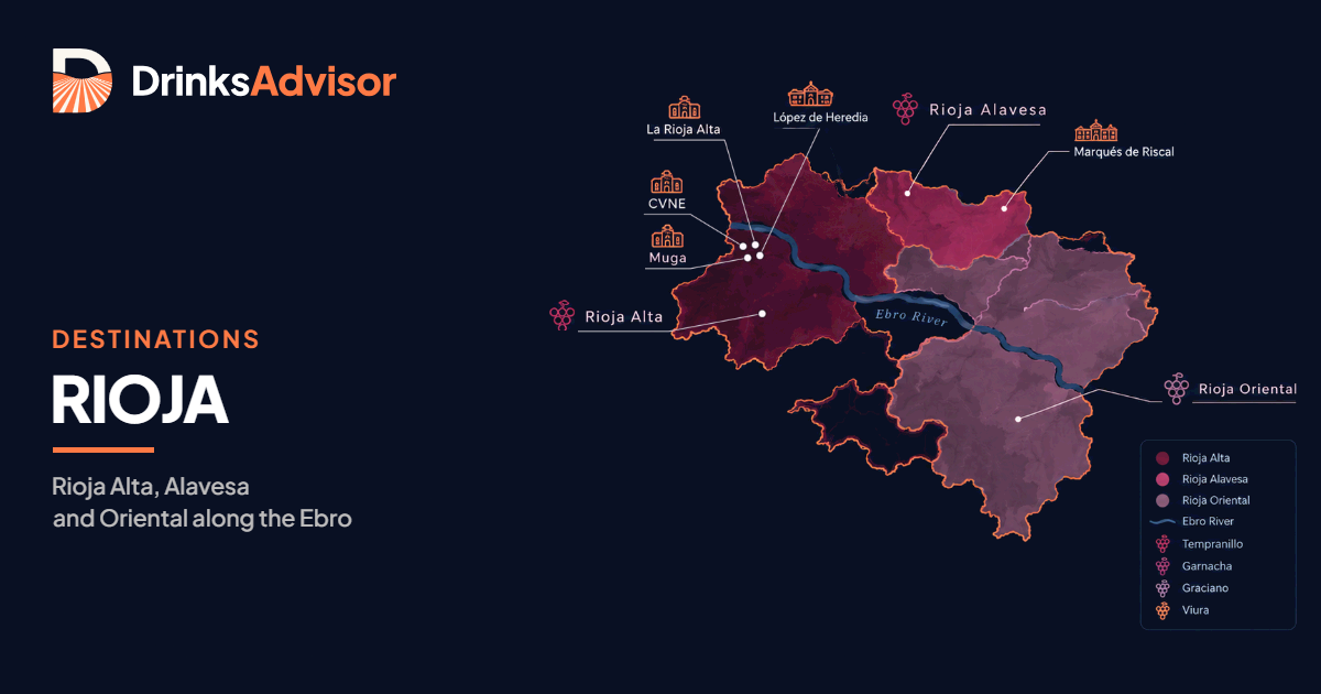 Illustrated map for Rioja wine country: Rioja Alta, Rioja Alavesa and Rioja Oriental along the Ebro, with the Haro bodegas and Marqués de Riscal