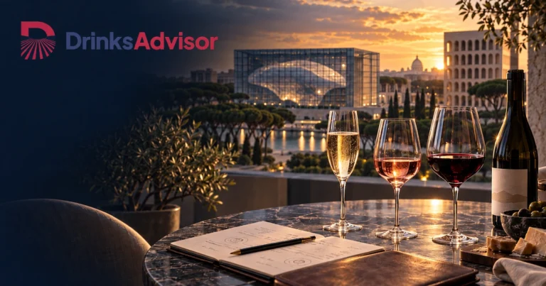 Wine glasses and tasting notes at sunset in Rome