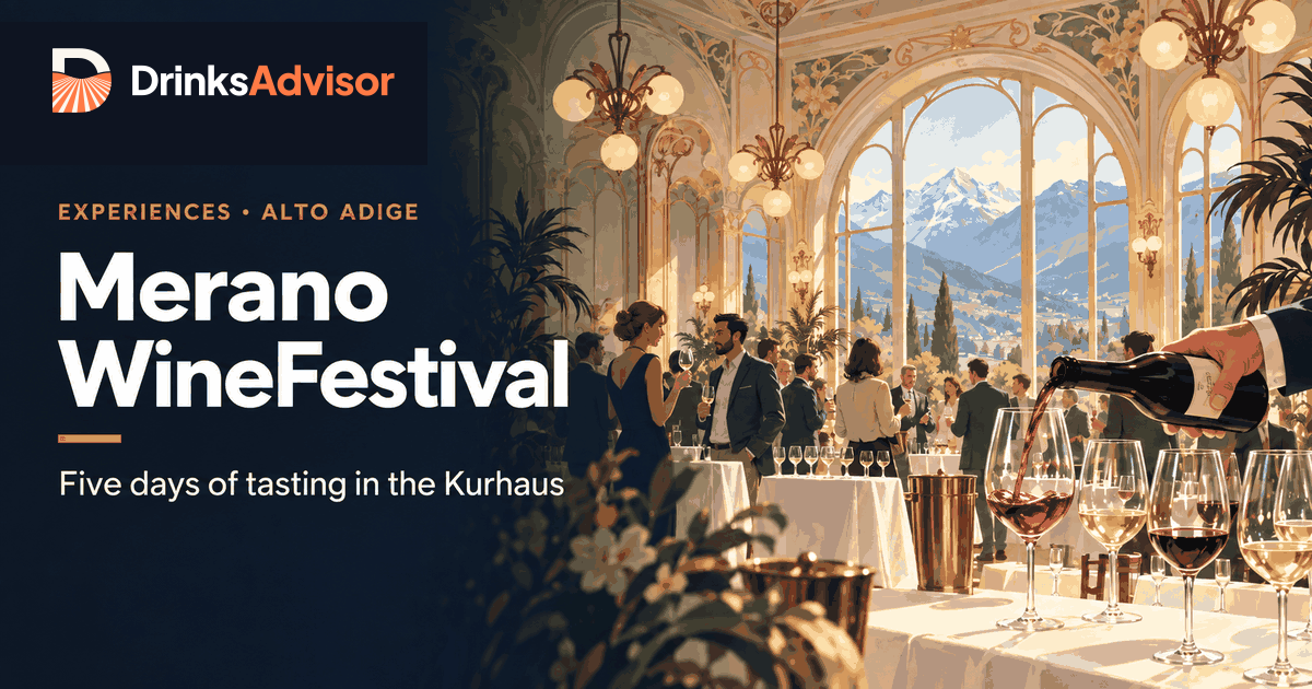 Illustrated Art Nouveau tasting hall at Merano WineFestival, with rows of glasses on white-clothed tables and the mountains beyond the arched windows.