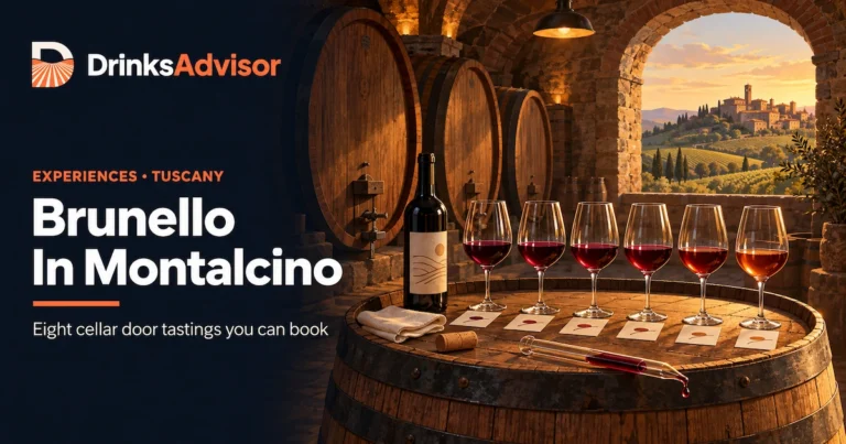 Illustrated cellar scene for Brunello tastings in Montalcino: six glasses of a vertical lined up on a barrel, with the hilltop town through the cellar arch