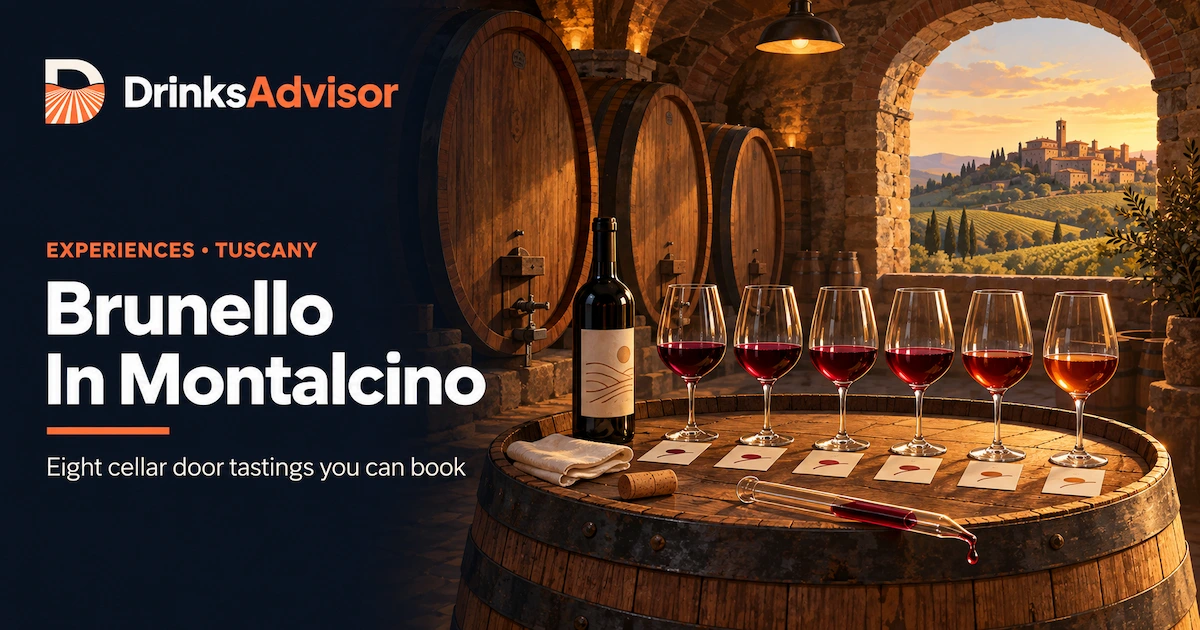 Illustrated cellar scene for Brunello tastings in Montalcino: six glasses of a vertical lined up on a barrel, with the hilltop town through the cellar arch