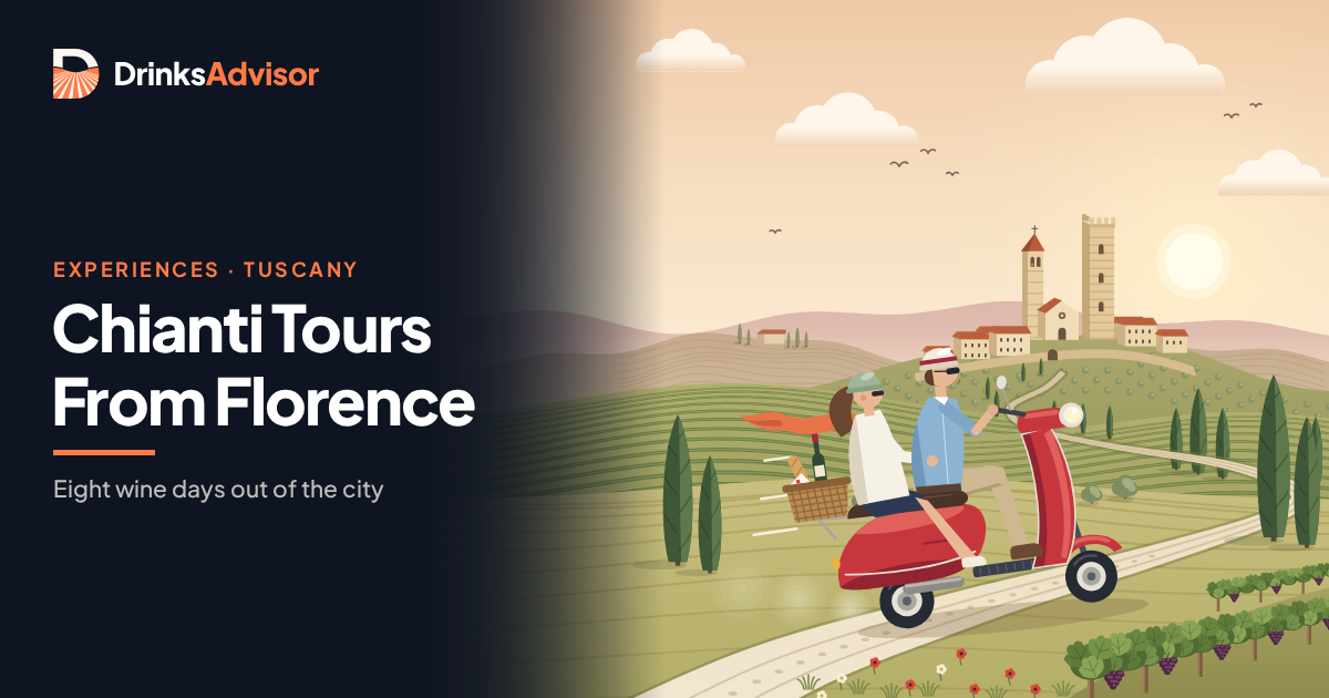 Illustrated couple riding a red scooter along a white gravel road through Chianti vineyards toward a hilltop village at sunset.