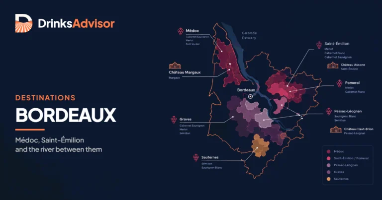 Illustrated map for Bordeaux wine travel: the Médoc, Graves, Sauternes, Saint-Émilion and Pomerol