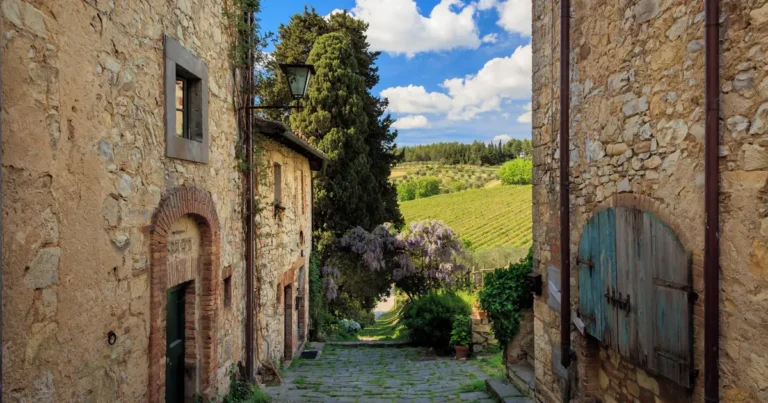 Terrace of a vineyard hotel in Tuscany overlooking the vines