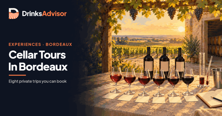 Illustrated blending table for private cellar tours in Bordeaux: six glasses of Cabernet Sauvignon, Merlot and Cabernet Franc trials under a pergola, barrels in the chai beyond