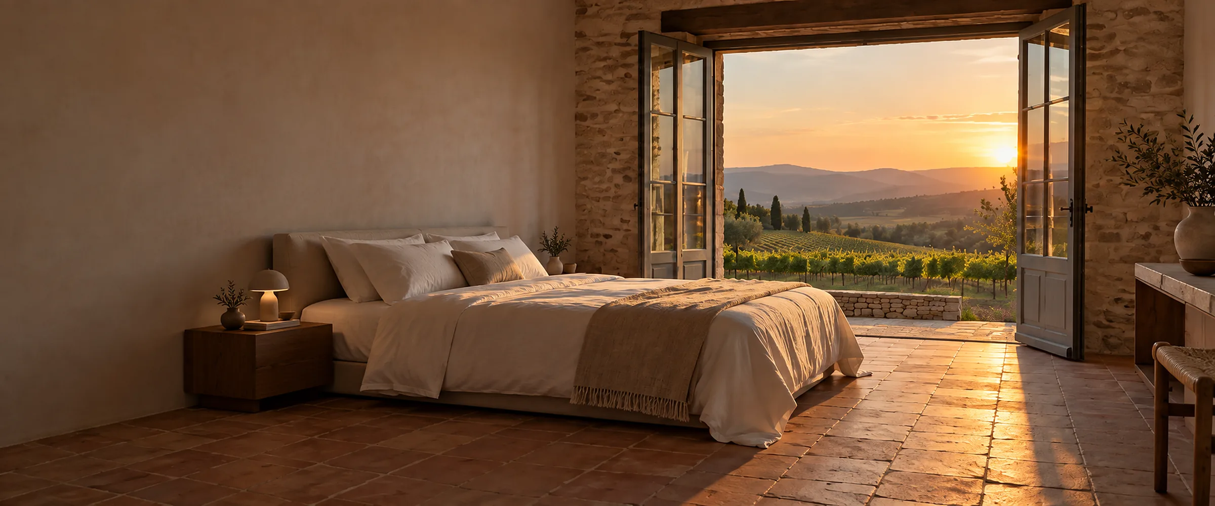 Farmhouse guest room with French doors open onto vineyards and hills at sunset