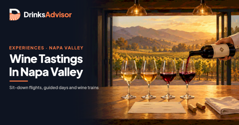 Illustrated tasting room scene for the best wine tastings in Napa Valley: four glasses in a flight on a wooden counter, vineyards and the Mayacamas beyond.