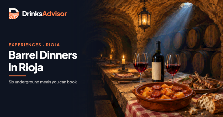 Illustrated Rioja barrel dinner in a rock-cut calado: a long table set with Riojan stew, lamb chops and red wine, oak barrels behind and daylight falling from a vent above
