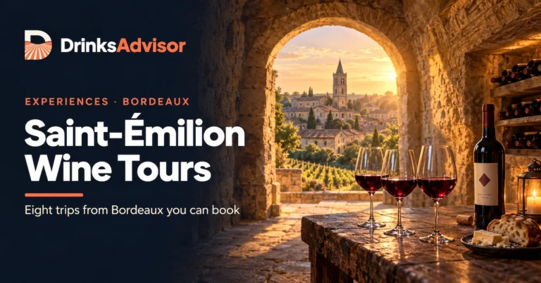 Illustrated scene for Saint-Émilion wine tours from Bordeaux: three glasses of red on a tasting table in a limestone cellar, the village bell tower framed in the arch.