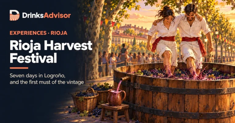 Illustrated grape treading at the Rioja wine harvest festival: a wooden lagar on a tree-lined promenade in Logroño, with the first must running into a jug.