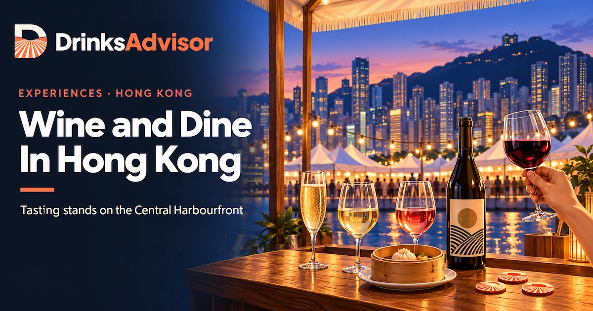 Illustrated tasting stand on the Central Harbourfront at the Hong Kong Wine and Dine Festival, with glasses in the foreground and the Hong Kong Island skyline behind.