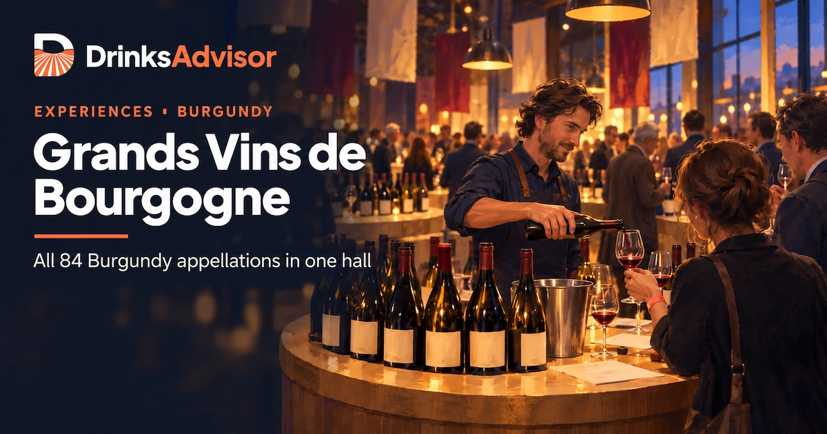 Illustrated tasting hall at the Fête des Grands Vins de Bourgogne: a winemaker pours red Burgundy at a circular counter lined with bottles.