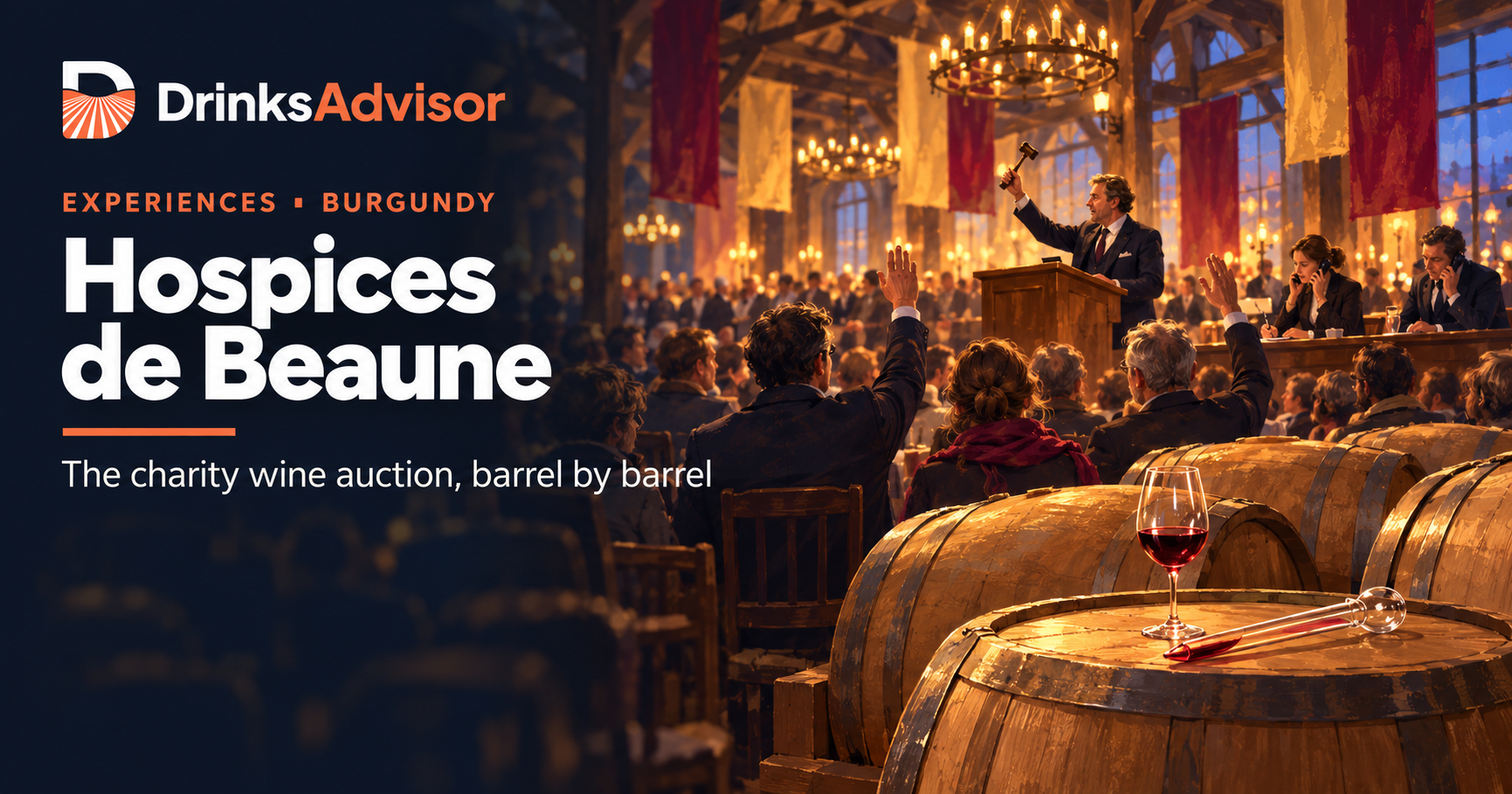 Illustrated scene of the Hospices de Beaune wine auction: an auctioneer raises his gavel under timber beams as bidders lift their hands beside oak barrels