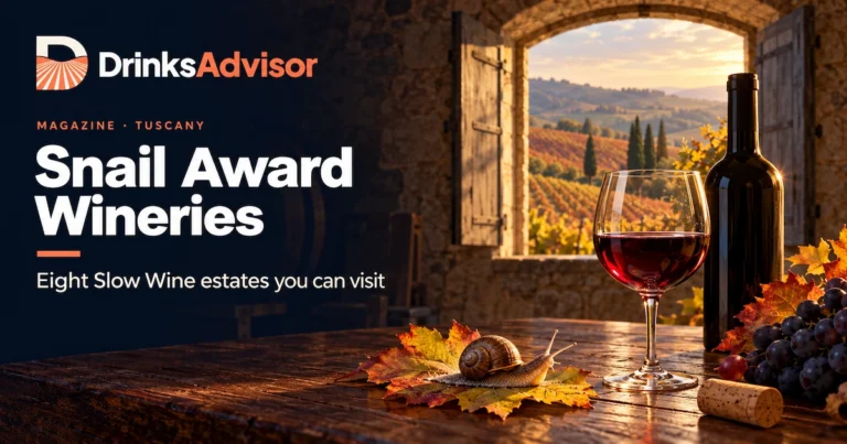 Illustrated tasting table for snail award wineries in Tuscany: a snail on a vine leaf beside a glass of Sangiovese, Chianti hills through a stone window.