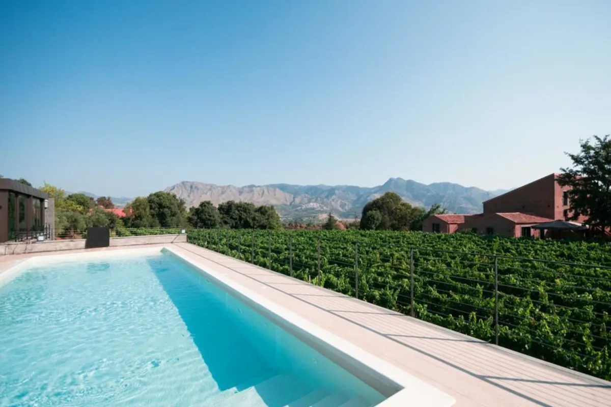 A swimming pool beside the vineyard at Cavanera Etnea, with the hills of the north slope behind