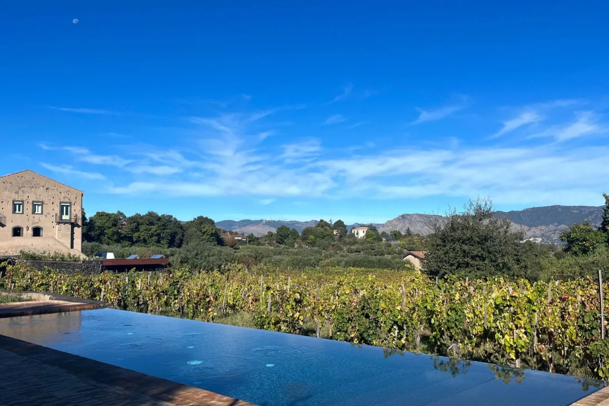 Etna wine resorts: the infinity pool above the vineyards at Tenuta di Fessina in Rovittello, Castiglione di Sicilia