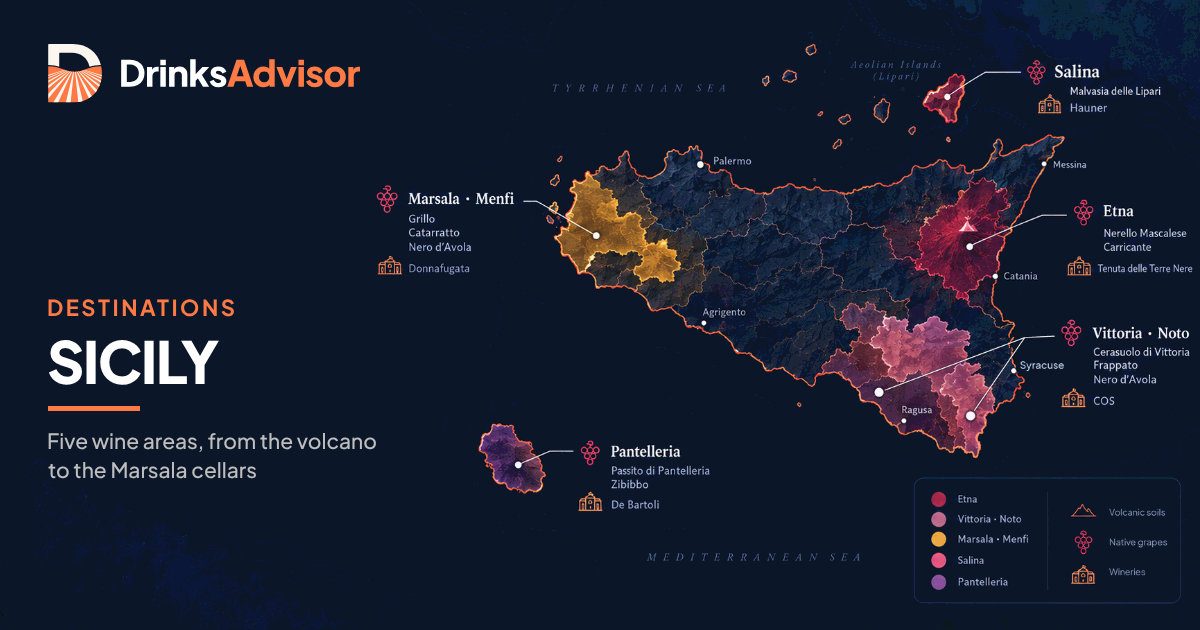 Illustrated map of Sicily wine country: Etna, Vittoria and Noto, Marsala and Menfi, and the islands of Salina and Pantelleria