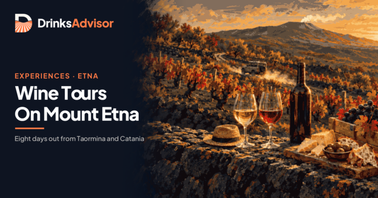 Illustrated tasting stop on Etna wine tours: glasses of Etna Bianco and Rosso on a lava-stone wall