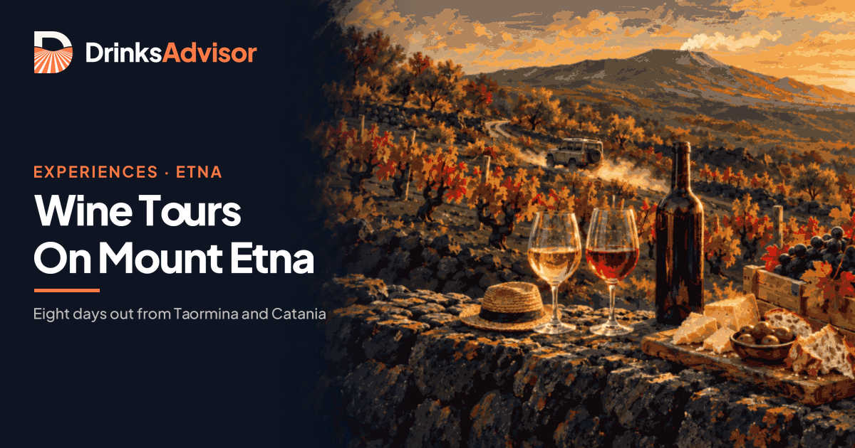 Illustrated tasting stop on Etna wine tours: glasses of Etna Bianco and Rosso on a lava-stone wall, bush-trained vines and the smoking volcano beyond