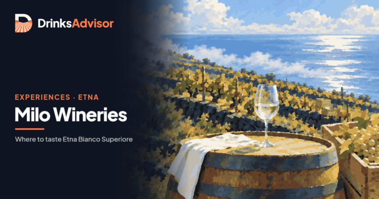 Illustrated tasting at Milo Etna wineries: a glass of Etna Bianco Superiore on a chestnut barrel, Carricante grapes and vine terraces above the Ionian Sea