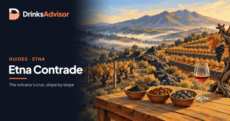 Illustrated guide to the Etna contrade: black, red and grey volcanic soils beside a glass of Etna Rosso, with two vineyards split by an old lava flow below the volcano