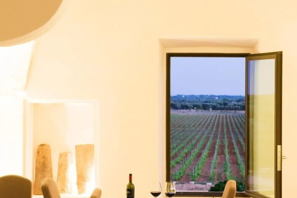 Wine masserie in Puglia: an open window at Masseria Le Fabriche framing the estate vineyard rows