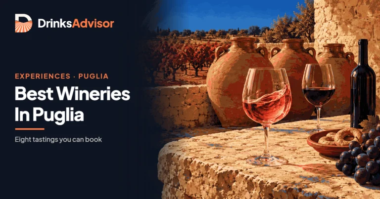 Illustrated cellar-door tasting at one of the wineries in Puglia: glasses of rosato and Primitivo beside terracotta wine jars, bush vines on red earth beyond.