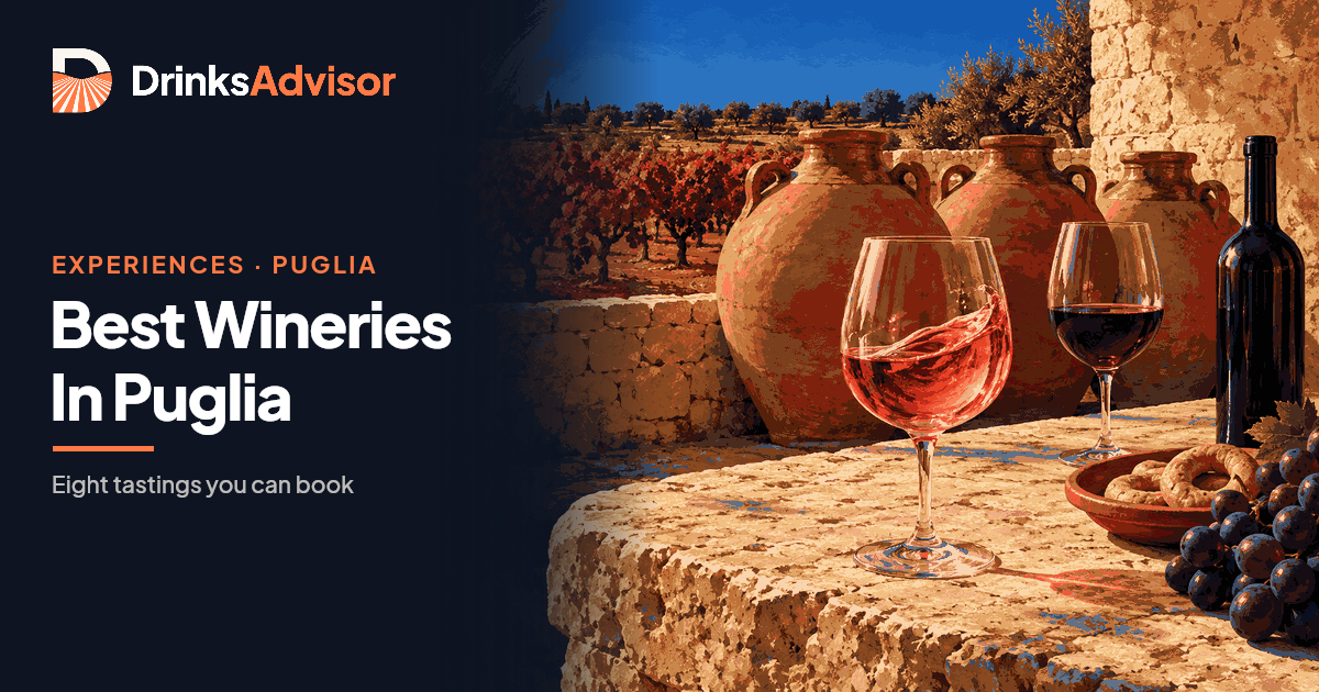 Illustrated cellar-door tasting at one of the wineries in Puglia: glasses of rosato and Primitivo beside terracotta wine jars, bush vines on red earth beyond.
