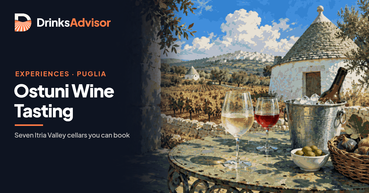 Illustrated Ostuni wine tasting in the Itria Valley: a glass of white wine and a glass of red on a garden table, trulli and vineyards beyond, a white hill town in the distance.