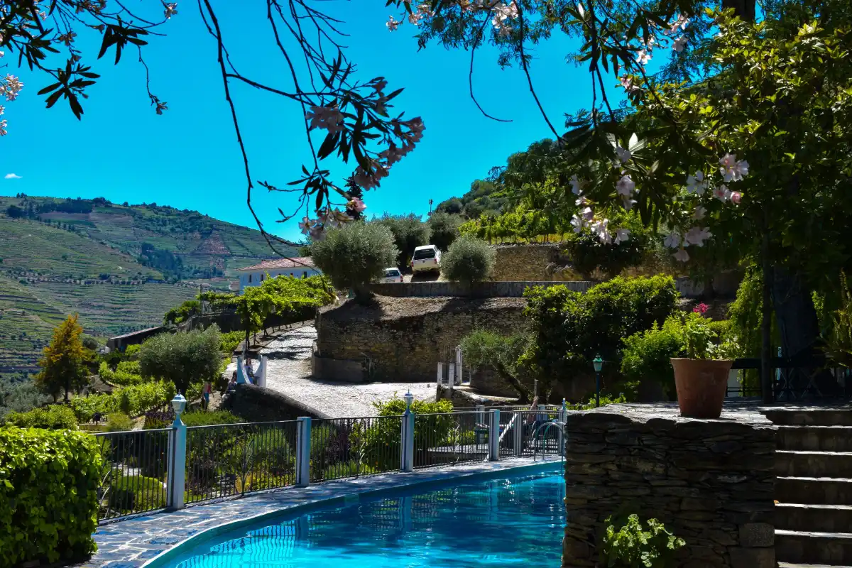 Pool at Quinta de la Rosa beneath terraced vineyard hillsides above Pinhão