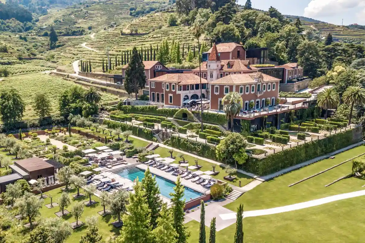 Where to stay in Douro Valley: the manor house of Six Senses Douro Valley above its terraced formal gardens