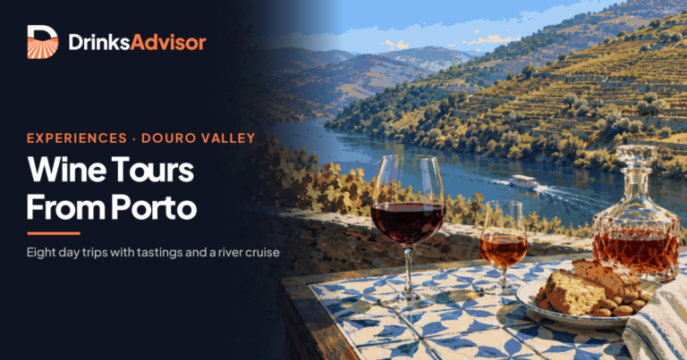 Illustrated lunch stop on a Douro Valley wine tour from Porto: Douro red and tawny Port on a tiled quinta terrace, a tour boat on the river below terraced vineyards