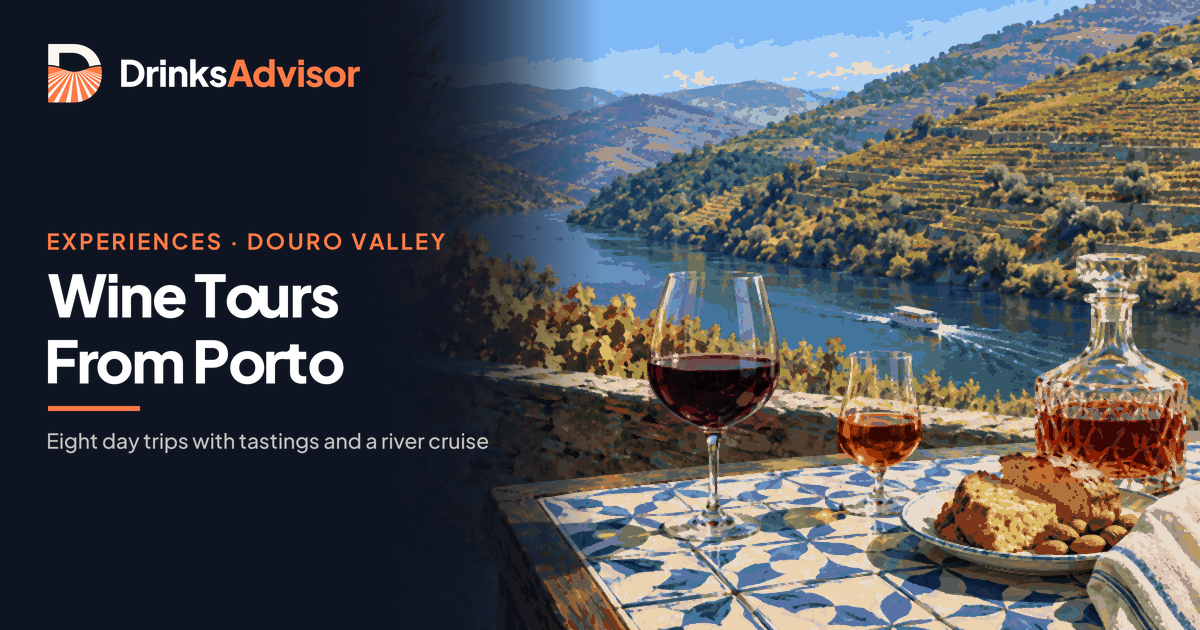 Illustrated lunch stop on a Douro Valley wine tour from Porto: Douro red and tawny Port on a tiled quinta terrace, a tour boat on the river below terraced vineyards