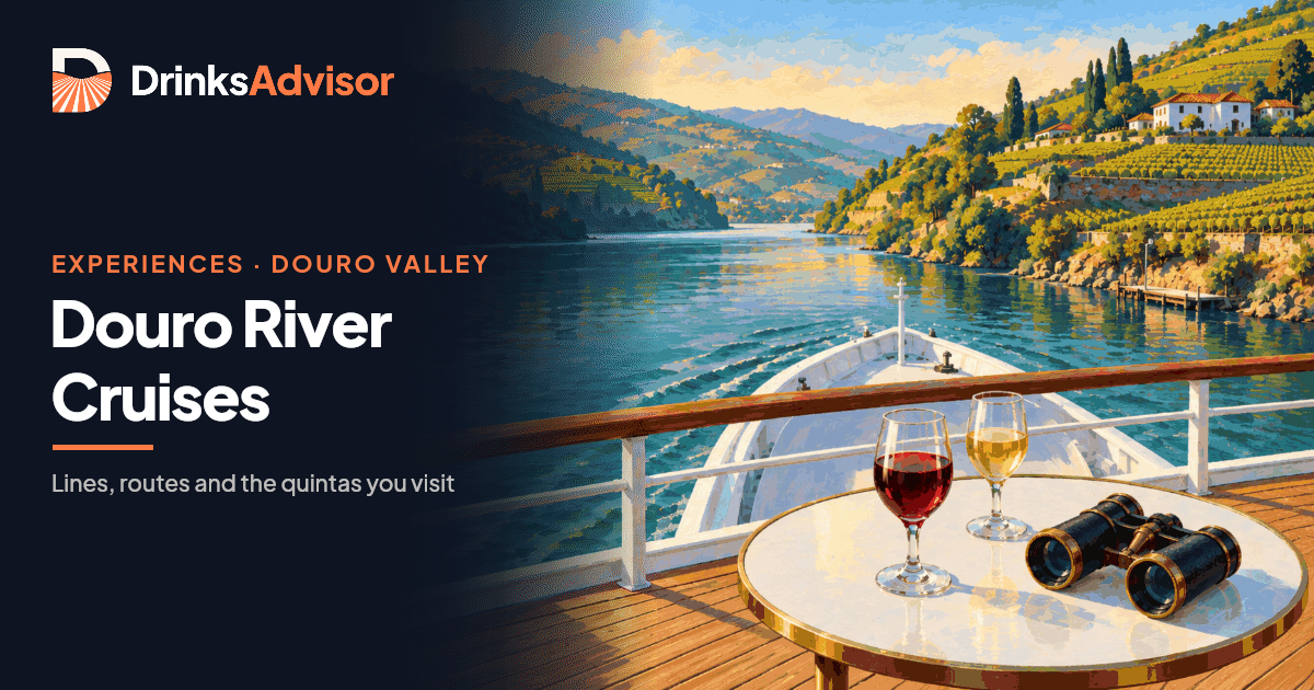 Illustrated sun deck on a Douro river cruise: ruby and white Port on a table as the ship rounds a bend below terraced vineyards and a riverside quinta