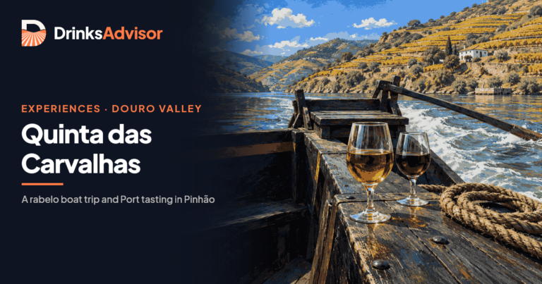 Illustrated Quinta das Carvalhas rabelo boat trip: tawny and ruby Port on the wooden deck, the long steering oar and wake on the Douro below terraced vineyards