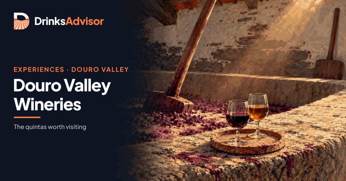 Illustrated granite lagar at one of the Douro Valley wineries: vintage Port and an aged tawny on a cork tray beside fermenting must and a wooden plunger