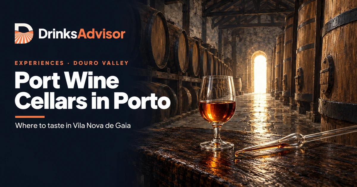Illustrated tasting in one of the port wine cellars in Porto: tawny Port and a cask pipette on dark oak, giant vats and pipes leading to a sunlit door.