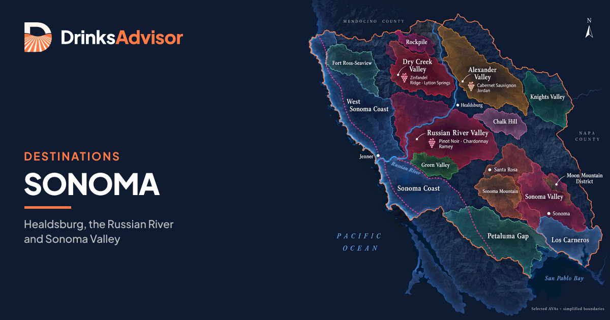 Illustrated map of Sonoma wine country: Sonoma Valley, the Russian River Valley, Healdsburg with Dry Creek and Alexander Valley, and the Sonoma Coast