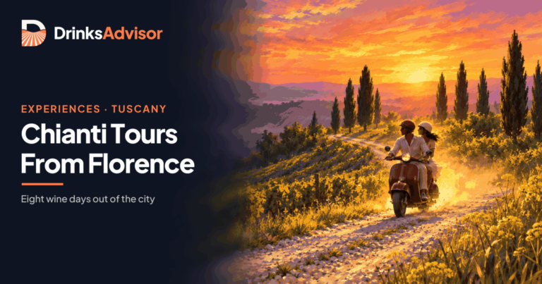 Illustrated couple on a red scooter for Chianti wine tours from Florence: a white gravel ridge road through vineyards and cypresses at sunset