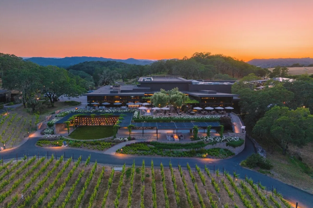 Where to stay in Sonoma: Montage Healdsburg at sunset, the main lodge and its terraces above the estate vineyards