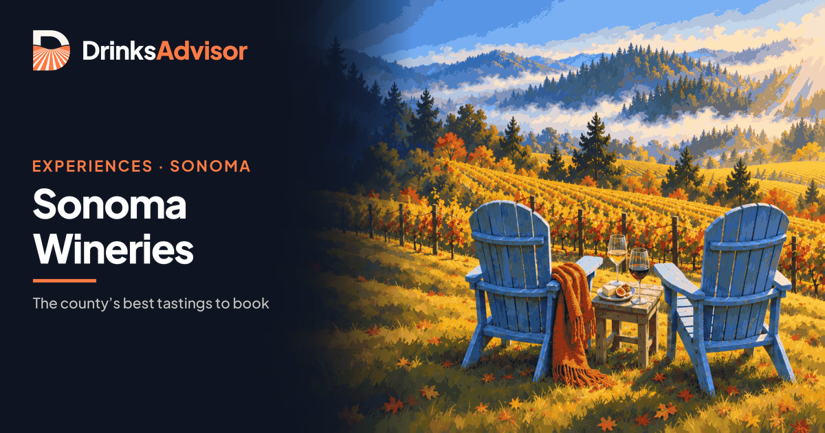 Illustrated seated tasting at one of the Sonoma County wineries: two chairs facing the vines with Chardonnay and Pinot Noir poured, as morning fog lifts off a redwood ridge