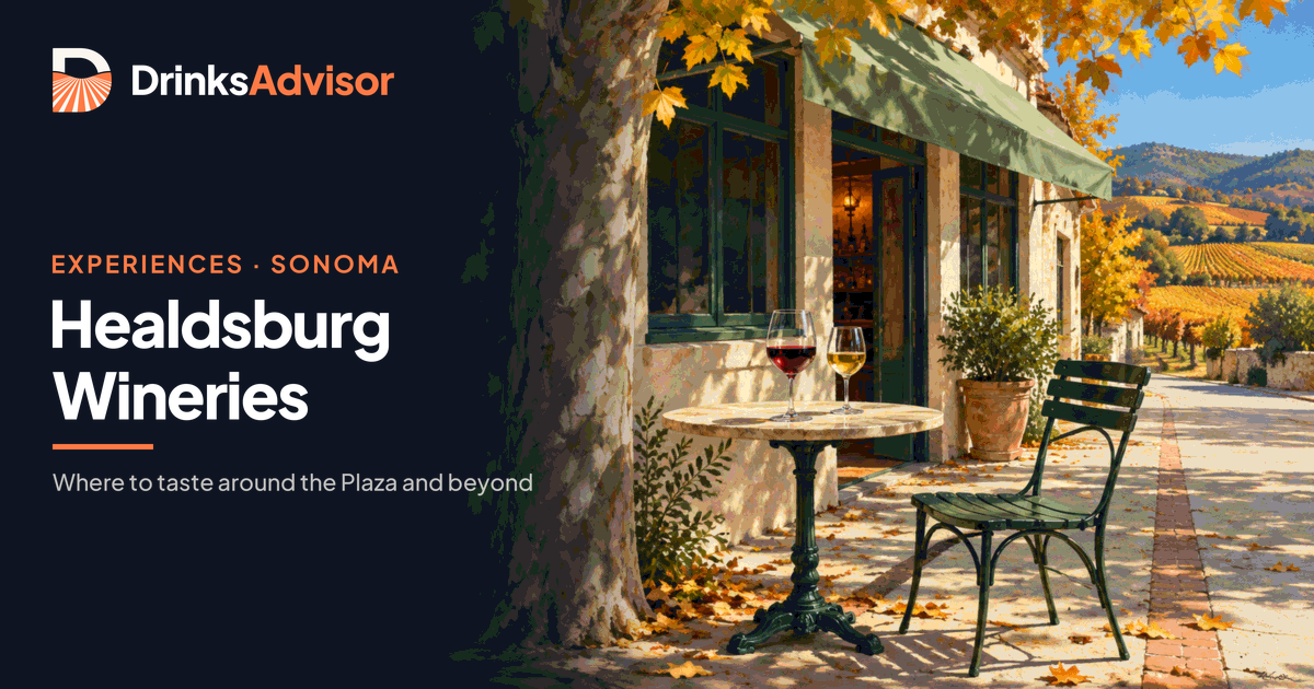 Illustrated tasting at one of the Healdsburg wineries: a sidewalk table on a tree-lined town square with Zinfandel and Sauvignon Blanc poured, and valley vineyards beyond