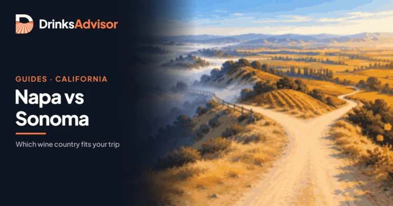 Napa vs Sonoma, illustrated: a dirt road forks on the ridge between them, one branch dropping into Sonoma’s morning fog, the other toward sunlit Napa vineyards