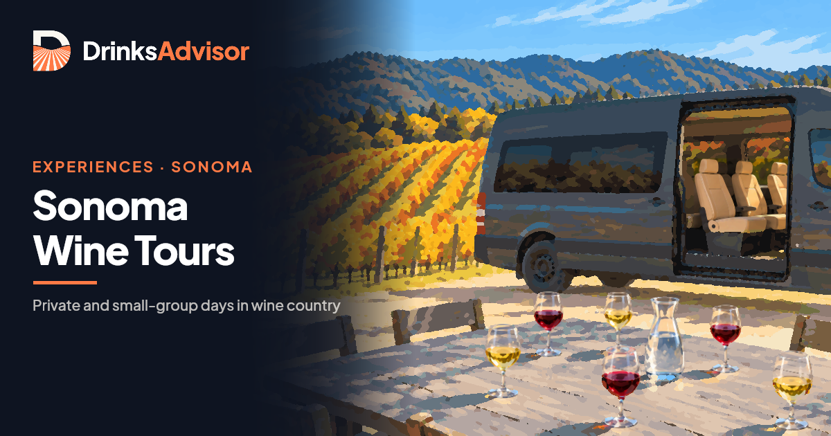 Illustrated stop on a Sonoma wine tour: a small-group van waits with its door open by a vineyard tasting table set for six, wooded hills beyond