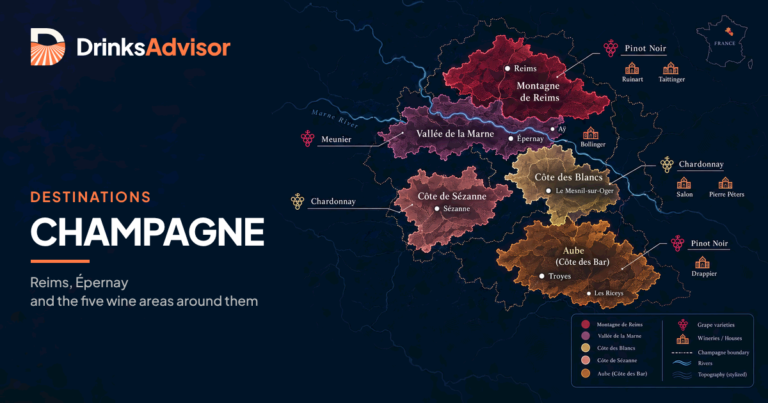 Illustrated map of the Champagne region France: Reims, Épernay, the Montagne de Reims, the Vallée de la Marne, the Côte des Blancs, the Côte de Sézanne and the Côte des Bar